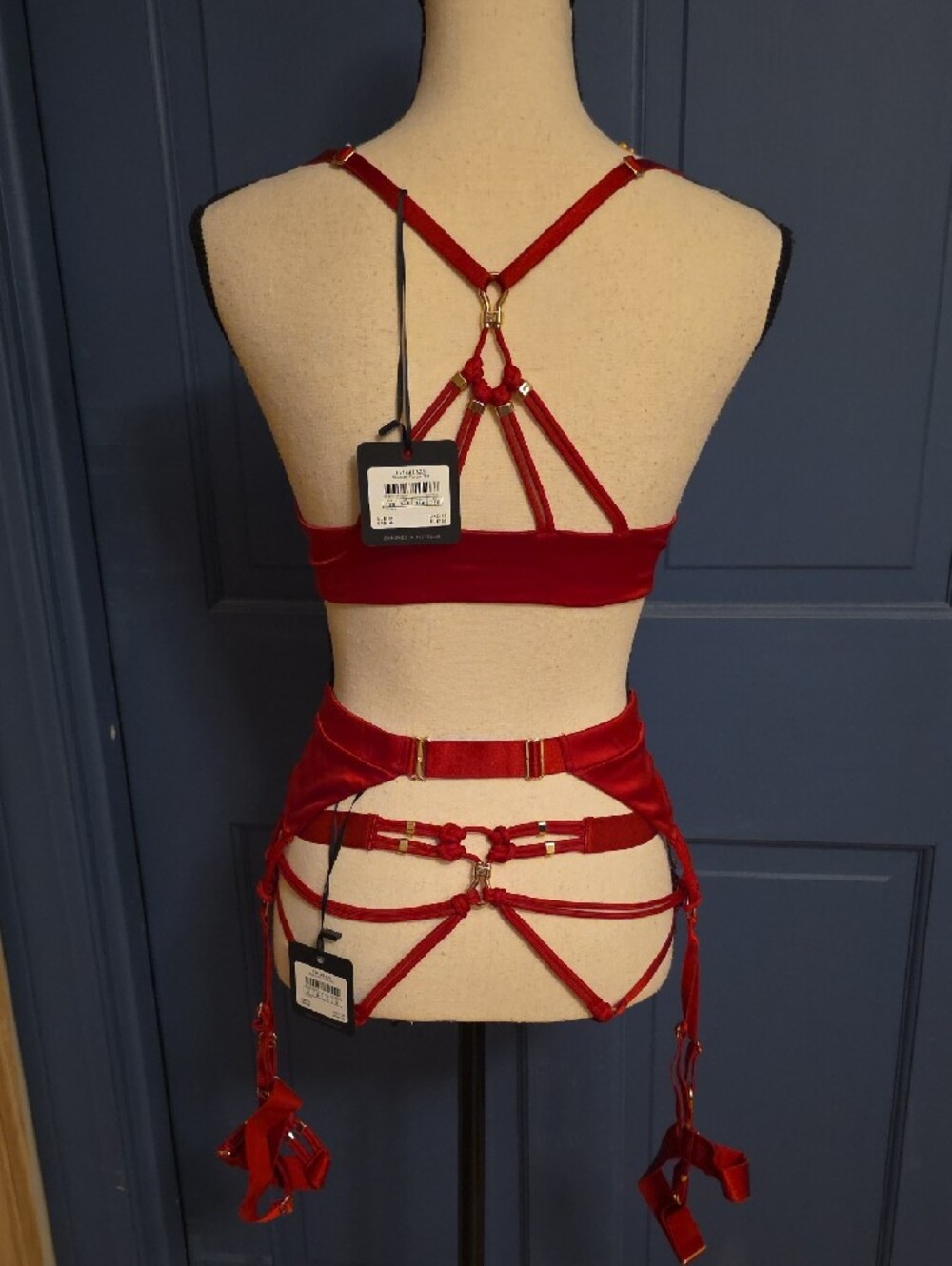 NWT Honey Birdette Charlize Red Satin Bondage 3 Pc Bra Panty Garter Set 34B Med - Picture 8 of 12